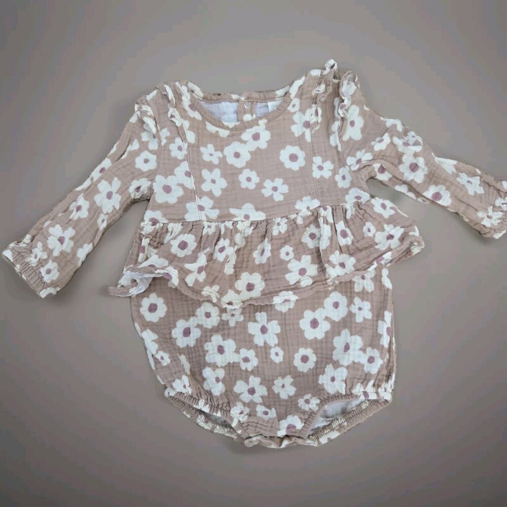 Grayson Collective Light‎ Brown Floral Long Sleeve Bubble Romper 6-9months Boho